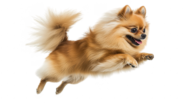 A lively Pomeranian dog joyfully leaps in mid-air against a plain white background. its fluffy fur and playful demeanor. perfect for pet-related content and stock photography