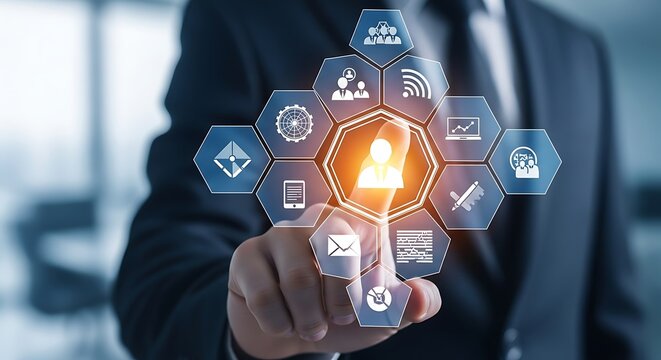 Person in suit touching digital network of business and people icons technology interface