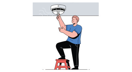 Man checking the smoke detector at home emphasizing the importance of regular maintenance and fire safety awareness for the family health safety