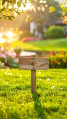 Wooden sign in a garden at sunset