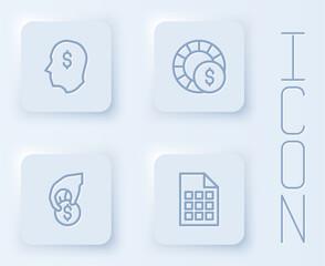 Set line Lucky player, Casino chips, Hand holding casino and Lottery ticket. White square button. Vector