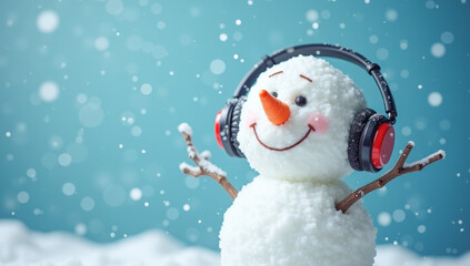 Funny snowman wearing headphones snowfall copy space