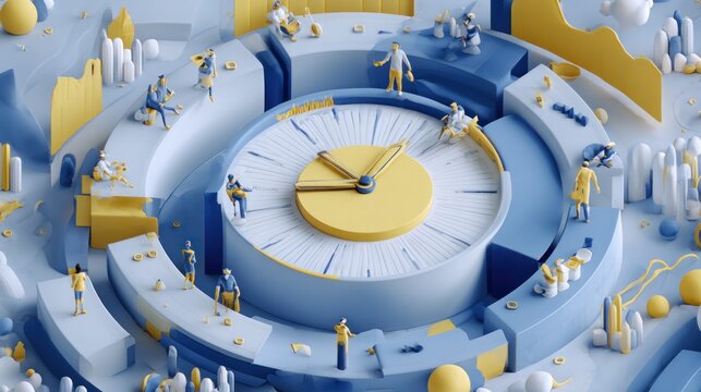 Abstract 3D time management scene. People work around a clock