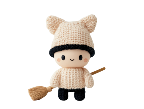 Charming Handmade Doll with Cat Ears and Sweater, Holding a Tiny Broom on transparent background, Perfect for Collectors and Gift Givers