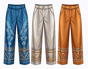Three stylish wideleg pants with unique patterns displayed against a white backdrop showcasing fashion and design, radiating modern elegance.