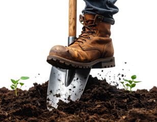 Gardener Using Shovel with Foot Pressure Digging into Soil Action, Isolated on Transparent Background 