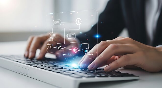 Person typing on keyboard with digital flowchart and data visualization overlay business technology
