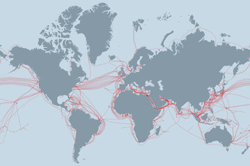 World map showing submarine internet cables connecting continents. Global communication, digital communication, data transmission network, global internet infrastructure © Andrew L