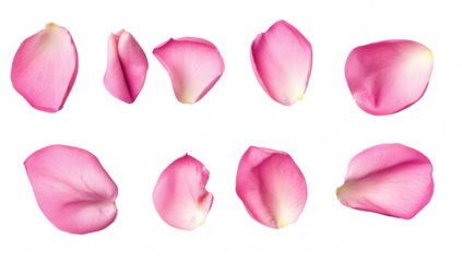 A collection of delicate pink rose petals arranged artistically on a clean white background. their soft textures and colors. perfect for floral design projects or romantic themes
