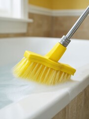 Cleaning a Bathtub With a Yellow Scrub Brush in a Bright Bathroom With Yellow Walls During Daylight