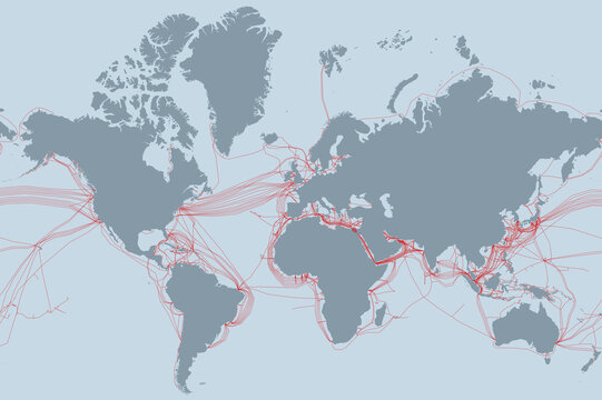 World map showing submarine internet cables connecting continents. Global communication, digital communication, data transmission network, global internet infrastructure