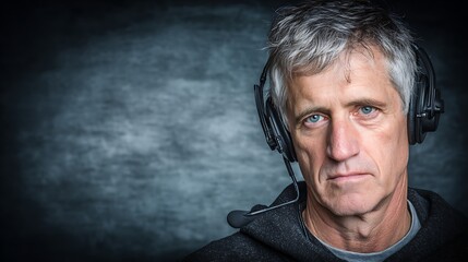 Serious Middle-aged Man Wearing Headset with Microphone in Dark Studio Setting