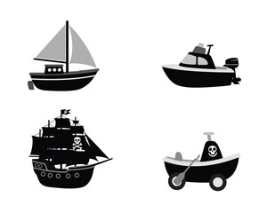 Collection of four stylized cartoon boats and ships including a sailboat pirate ship motorboat and small rowboat