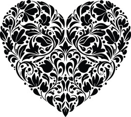 Intricate black floral heart design romantic emblem delicate blossom pattern decorative symbol isolated on transparent background