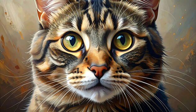 Close-up portrait of a tabby cat with striking yellow eyes, painted in a digitally enhanced style - Powered by Adobe