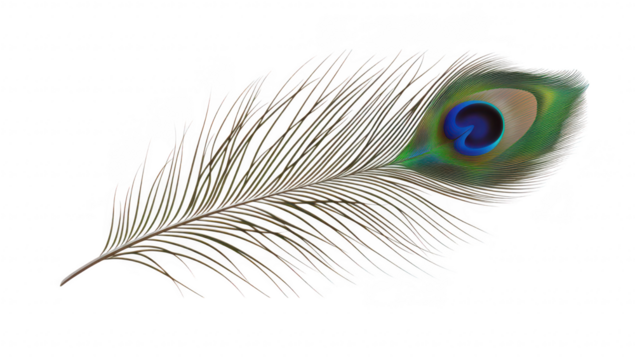 A peacock feather gracefully displayed against a clean white background. its intricate patterns and colors. ideal for nature-themed projects or artistic designs