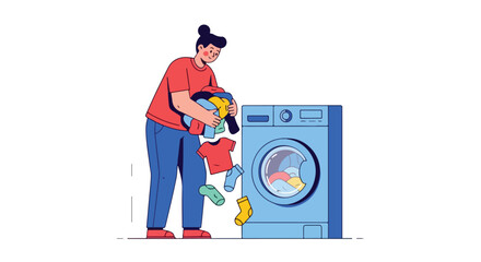 Woman loading a blue washing machine with clothes in a stylized cartoon illustration with bold outlines and vibrant color palette