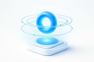 Futuristic blue glowing torus object levitating above a white platform with light rings