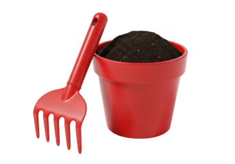 Red gardening trowel and pot filled with soil for planting seeds transparent background