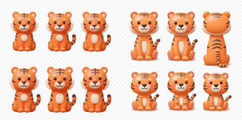 A collection of cute cartoon tiger illustrations in various poses, sitting and viewed from different angles.