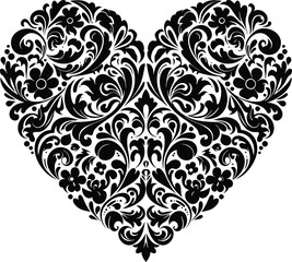 Ornate black heart design decorative flourish element classic romantic symbol detailed floral pattern isolated on transparent background
