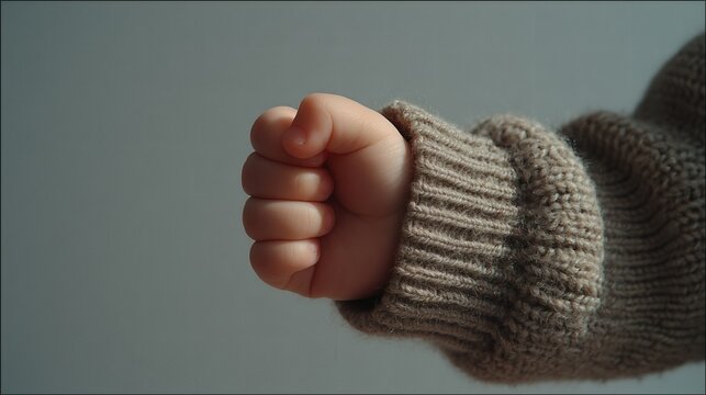 Adorable baby fist in cozy knit sweater sleeve against a soft gray background perfect for heartwarming stories of innocence and gentle strength