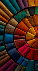 Vibrant spiral of colorful folded textiles creating a beautiful abstract pattern