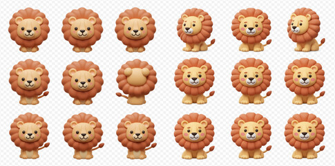 A charming collection of cute 3D rendered cartoon lions in various adorable poses and expressions, featuring fluffy manes.
