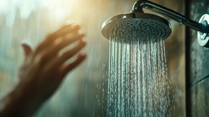 Plumber installing a new showerhead, flowing water, 3D illustration , closes up