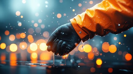 Plumber tightening a faucet, water droplets in motion, 3D illustration , closes up