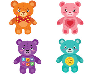 Four adorable and colorful cartoon teddy bears in different poses and outfits on a light beige background perfect for children s themes
