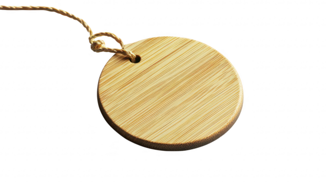 A round bamboo tag with a natural finish and a twine loop. resting on a clean white background. ideal for labeling products. gifts. or crafts. eco-friendly materials and craftsmanship