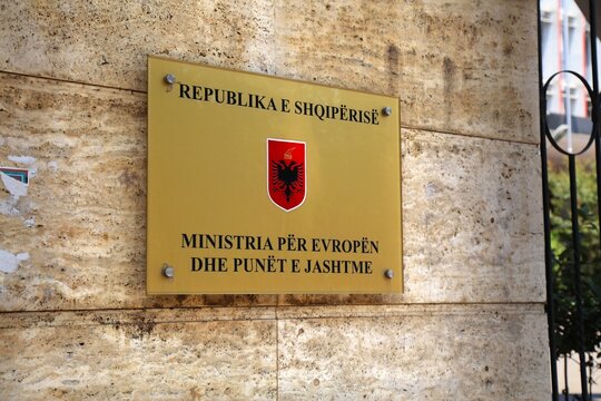 TIRANA, ALBANIA - JULY 12, 2025: Government building in Tirana city, Albania. Ministry for Europe and Foreign Affairs - Ministria per Evropen dhe Punet e Jashtme.