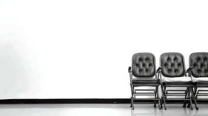 Three Black Upholstered Chairs in Modern Waiting Room with White Wall and Minimalist Design