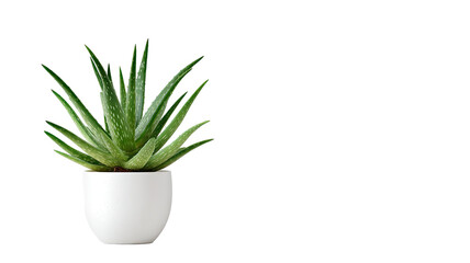 Green aloe vera plant in decorative pot natural herbal succulent home decor isolated on white background