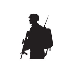Backpack rifle soldier. Silhouette of soldier with backpack and rifle , patrol, duty, readiness.