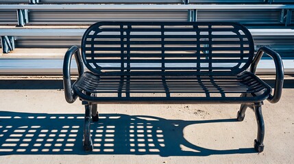 Black Metal Bench in Outdoor Seating Area with Shadow Patterns and Bleacher Seating