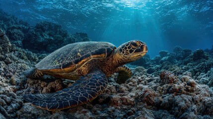 Fototapeta premium Sea Turtle on Coral Reef with Sunbeams