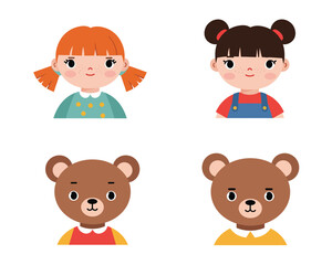 Charming set of four cute cartoon avatars featuring two adorable young girls and two friendly brown bears with simple outfits