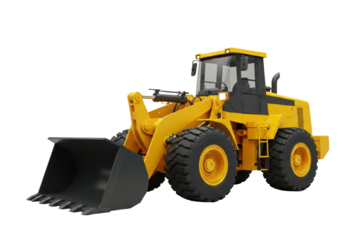 Bright yellow wheel loader with black bucket, rugged tires, polished chrome hydraulics, seamless transparent studio background, shadowless light. Industrial equipment advertising concept