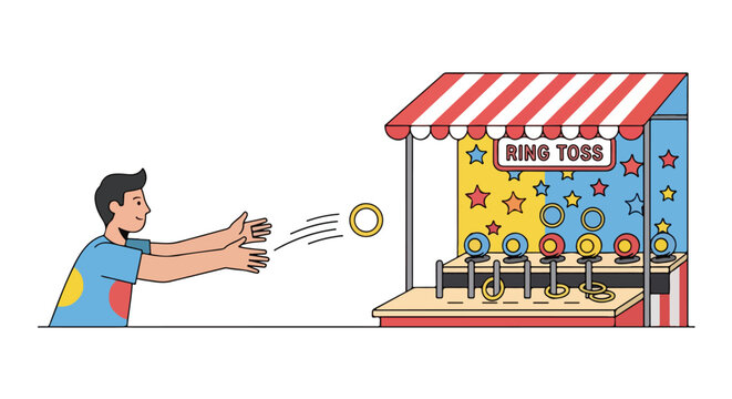 Festive funfair scene featuring a ring toss game with a man aiming, perfect for leisure illustration.A game, with rings and a person with cheerful
