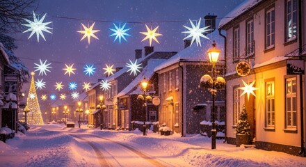 Obraz premium Snowy street decorated with christmas lights and a christmas tree in the evening