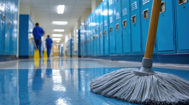 A clean school hallway featuring a mop and blue lockers, with staff members maintaining the cleanliness of the environment.