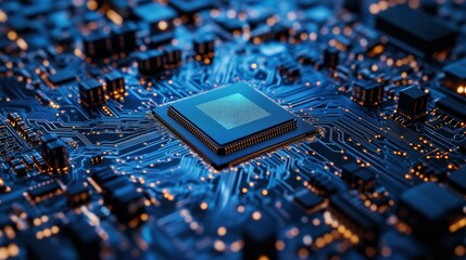 A close-up view of a computer chip on a circuit board, showcasing intricate blue circuitry and glowing connections.