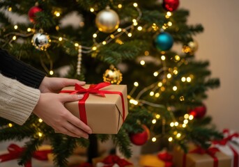 Person exchanging a Christmas gift under a decorated tree