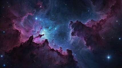 Epic 4K wallpaper of a glowing nebula landscape in deep space, vibrant purple, blue, and pink hues, dramatik star clusters, high-resolution cinematic style,Generative Ai
