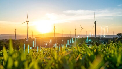 Wind turbines generating clean energy at sunset over a lush green field with digital data overlays, symbolizing sustainable technology and environmental progress.