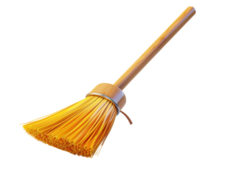 3D broom icon isolated on transparent background. Realistic cleaning tool symbol, perfect for hygiene, housekeeping, janitorial, sanitation, cleanliness, and home care design projects.