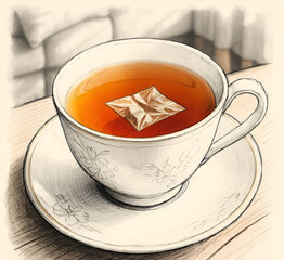 Illustration of a cup of tea with a tea bag on a wooden table