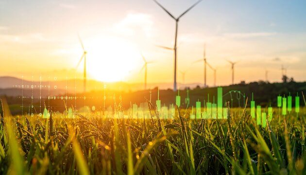 Wind turbines in a golden field at sunset with a digital data overlay, symbolizing renewable energy and economic growth.